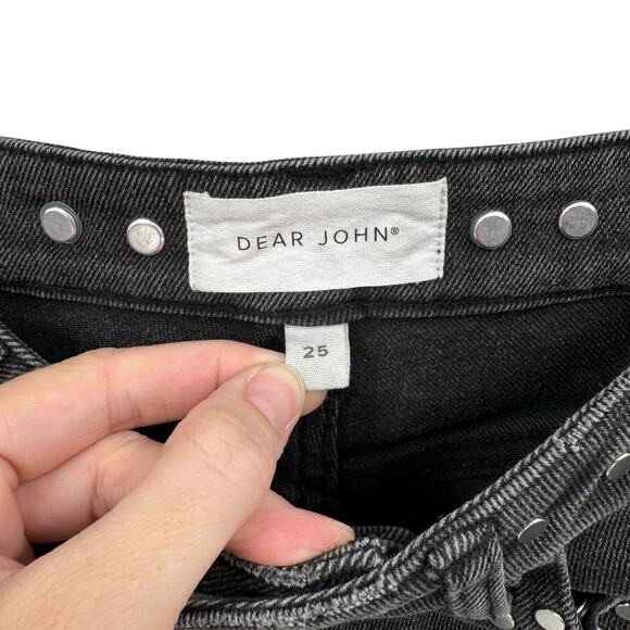 Dear John Frankie Black Denim Studded High Rise Straight Leg Frayed Crop Jeans - Picture 10 of 11